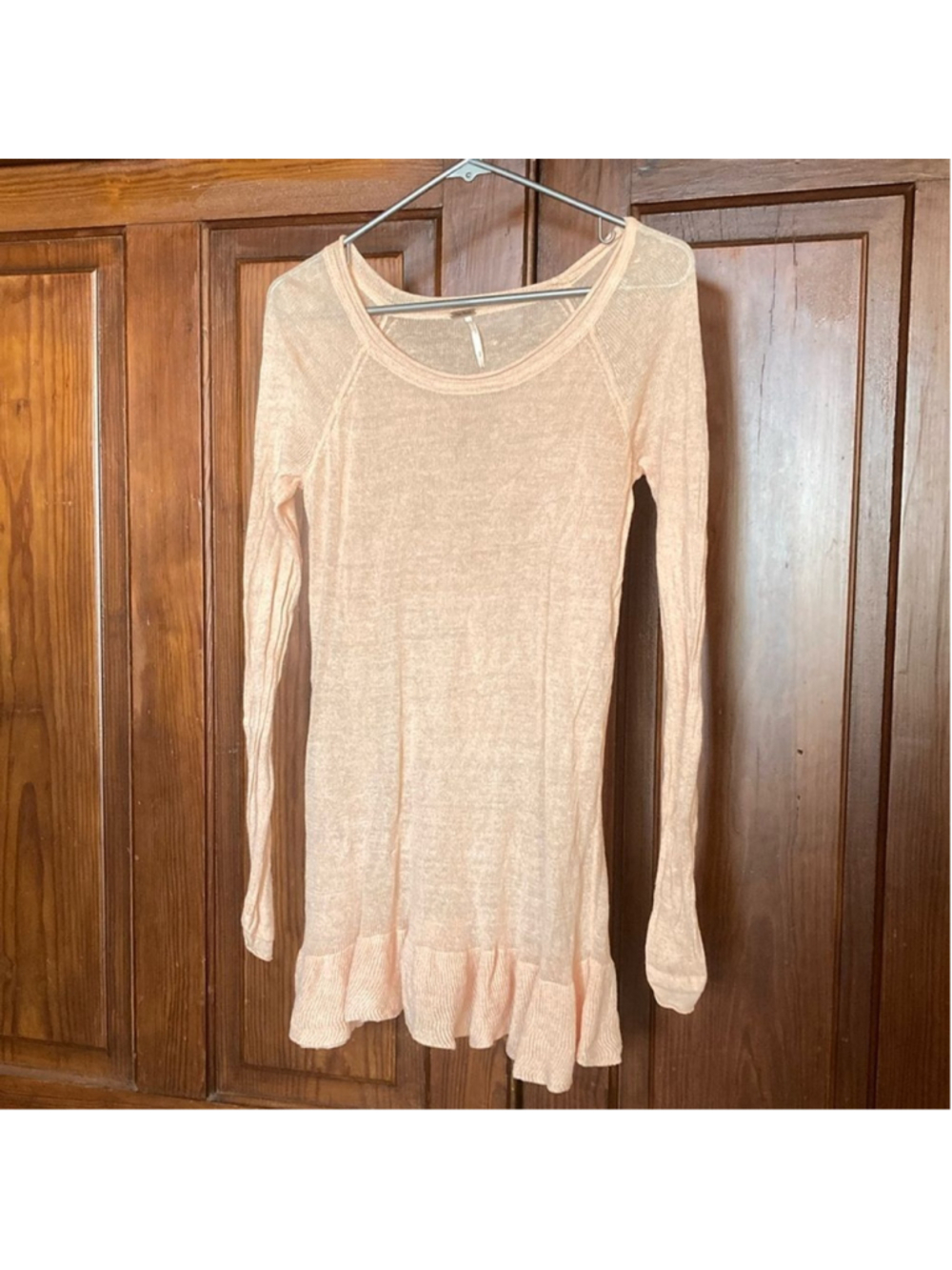Free People Pink Lightweight Sheer 100% Linen Ruffle Bottom Sweater Size S